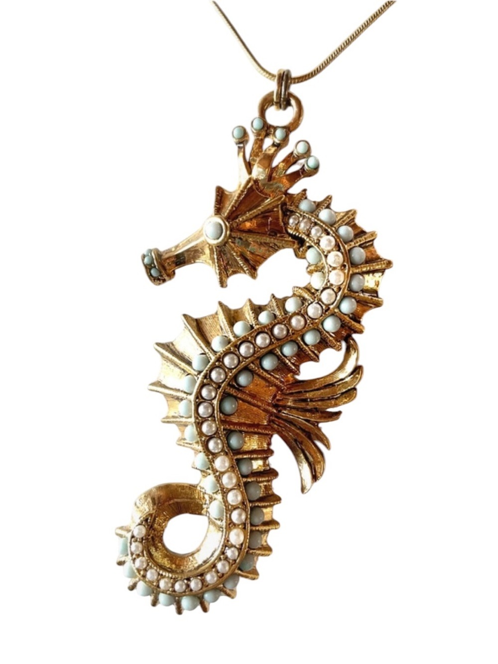 Hattie Carnegie unsigned Gold Seahorse Pendant Necklace with stones